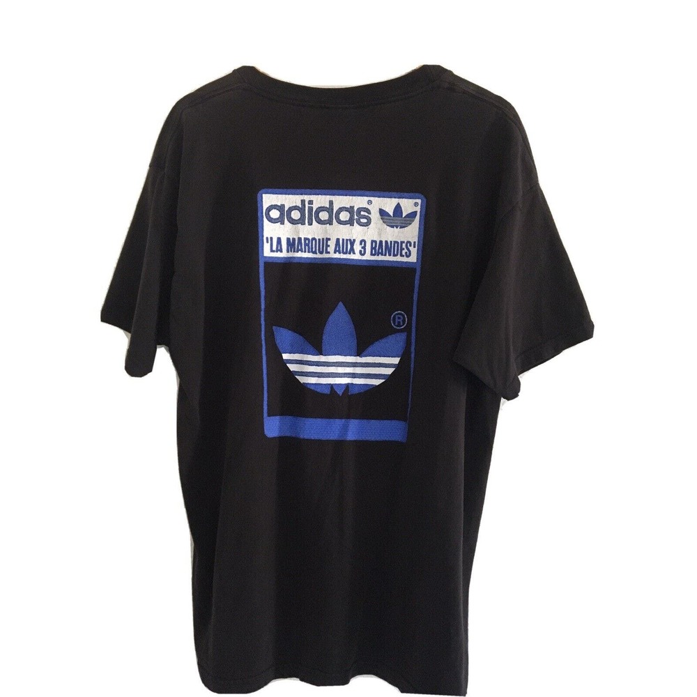Vtg Blk Adidas TREFOIL Faded L USA Big Logo Back Hit "La Marque Aux 3 Bandes"